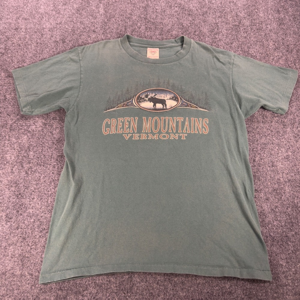 Vintage Prairie Mountain Green Mountains Vermont Moose T-Shirt Mens Large Green